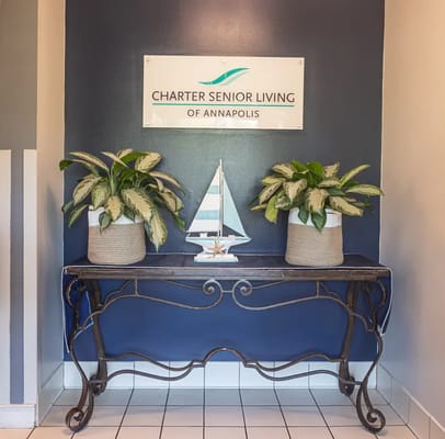 Interior area with decorative items and signage