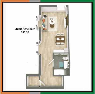Architectural floor plan of a studio unit