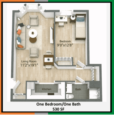 Floor plan of a one-bedroom apartment