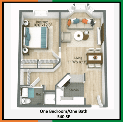 Architectural floor plan of a one-bedroom unit