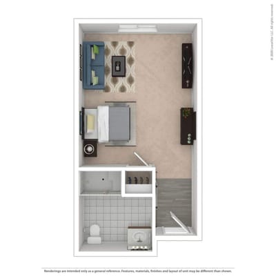 Floor plan of a one-bedroom senior living unit