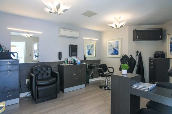 Interior view of a hair salon with chairs and decor