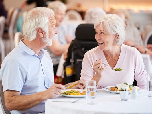 Two seniors enjoying a meal in the dining area