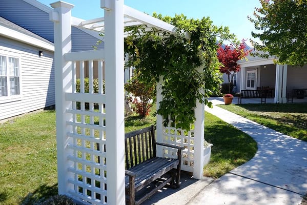 Outdoor garden seating area with a trellis