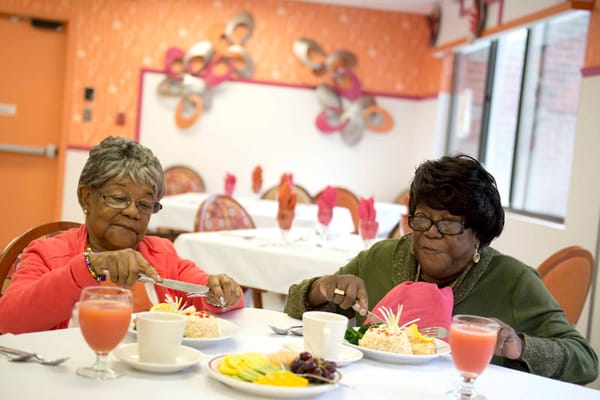 Two residents enjoying a meal in the dining room