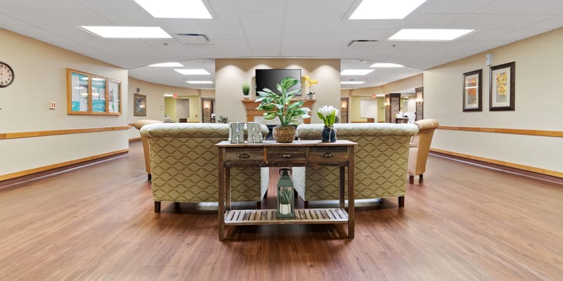 Interior view of a welcoming common area with seating