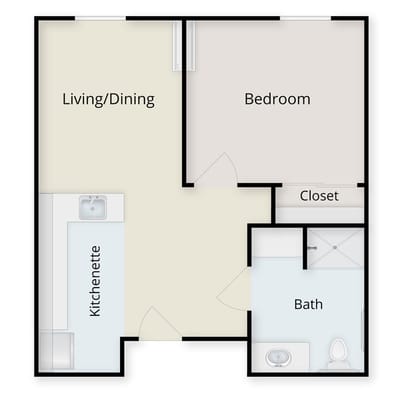 Floor plan of a one-bedroom unit in assisted living