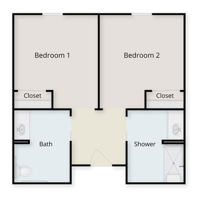 Architectural floor plan of private bedrooms and bathrooms