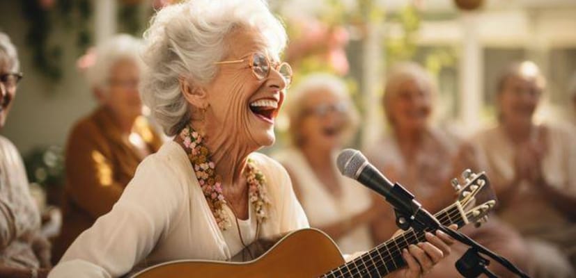 Seniors enjoying a music performance in a bright room