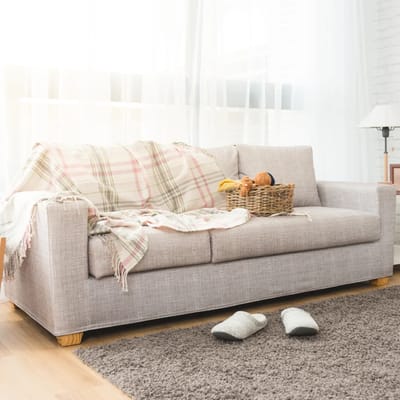Comfortable sofa with a blanket and basket of yarn