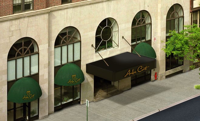 Exterior view of Amber Court building with awning