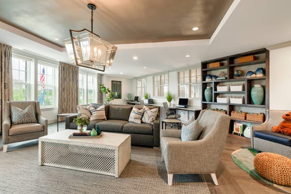 Bright common area with seating and decorations