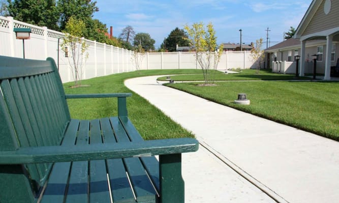 Garden path with benches and greenery in an outdoor space