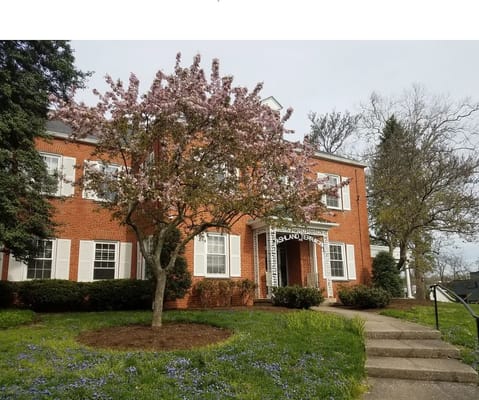 Exterior view of a senior living facility with blooming tree