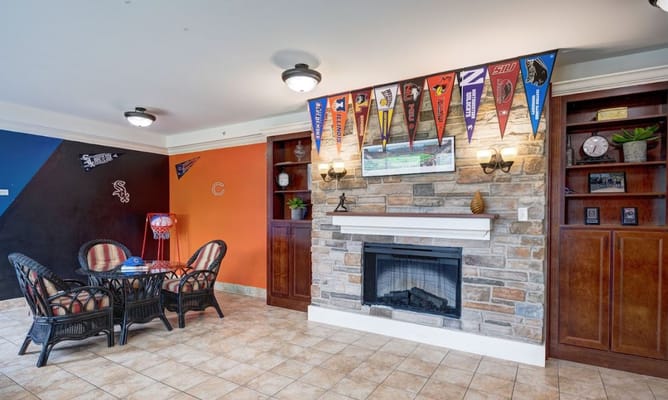 Bright common area with seating and decor