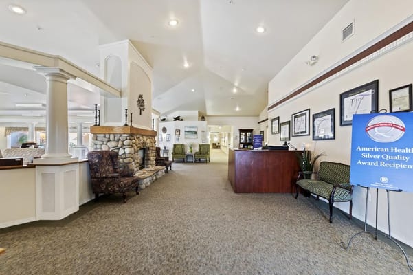 Interior view of a cozy common area with seating