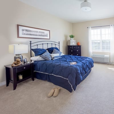 Cozy private bedroom with a blue bedspread