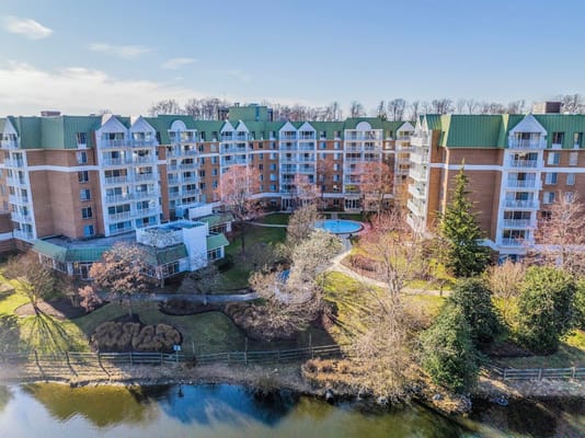 Aerial view of Bedford Court with landscaped gardens