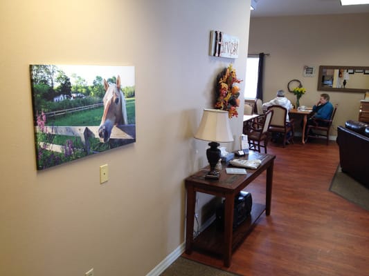 Interior view of a common area with residents