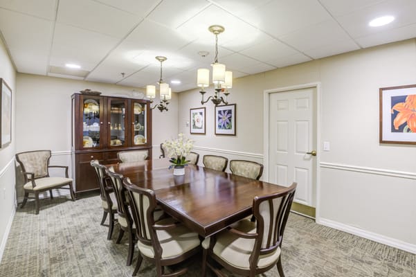 Elegant dining room with a large wooden table