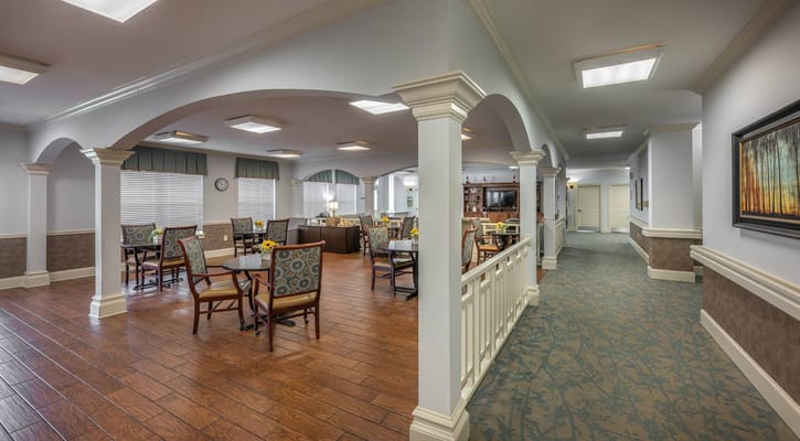 Interior view of a dining area with seating