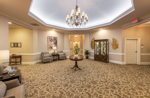 Bright lobby area with comfortable seating and decorative elements
