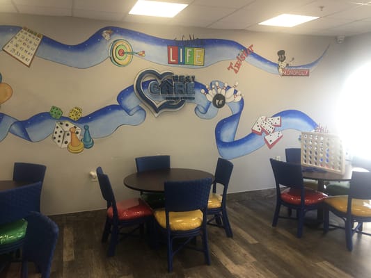 Interior wall mural in a common area with tables