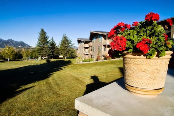 Outdoor view of the facility with flowers in the foreground