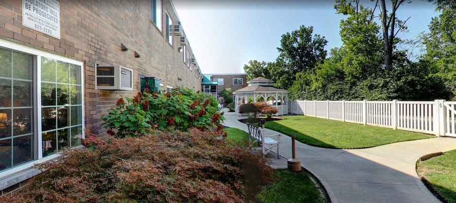 Beautiful garden pathway with seating area