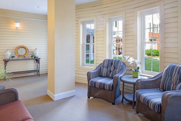 Bright interior common area with seating