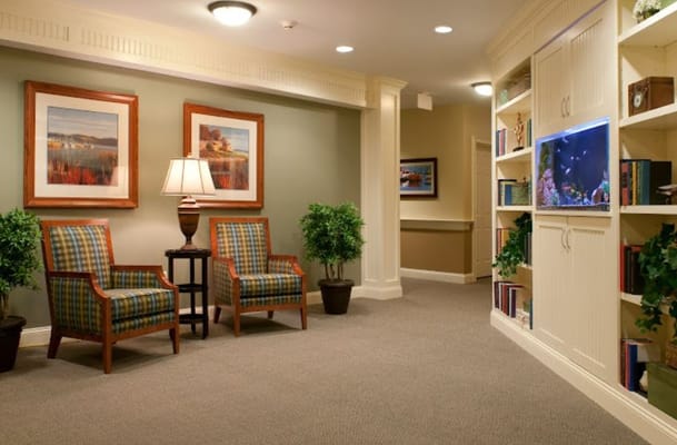 Cozy interior lobby with seating and decorations