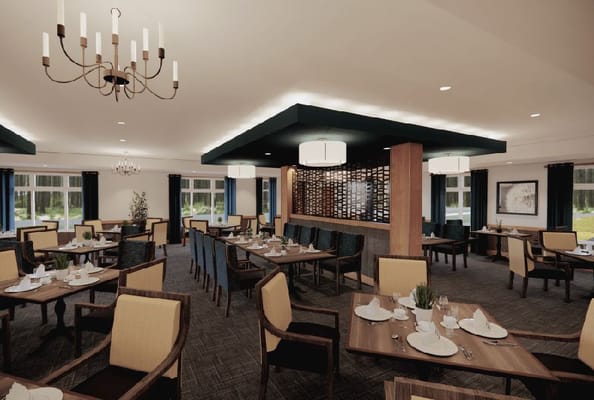 Bright dining area with tables set for meals