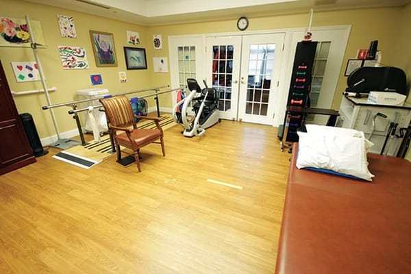 Interior view of the therapy room with exercise equipment and art on the walls.