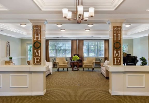 Bright interior of a common area in a senior living facility