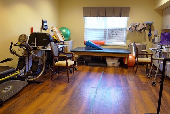 Therapy room with exercise equipment and supplies
