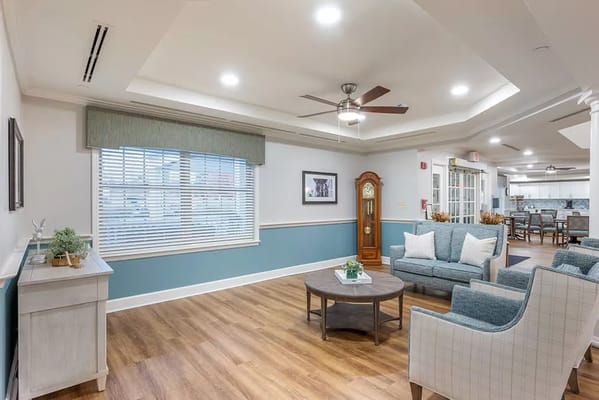 Bright interior common area with seating