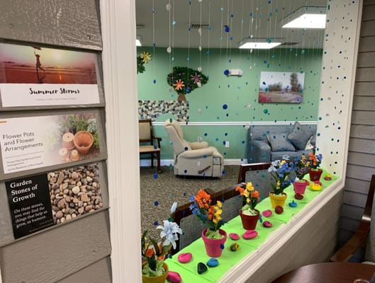 Colorful decorations in a cozy common area