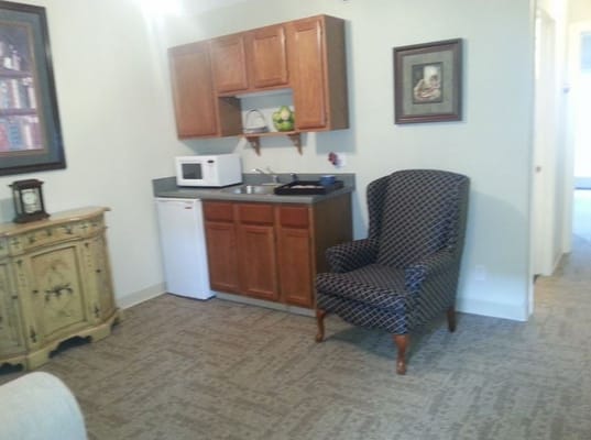 Cozy interior with kitchenette and seating area