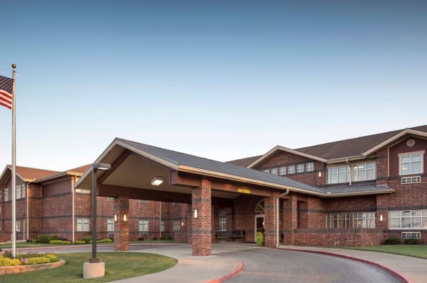 Exterior view of a senior living facility entrance