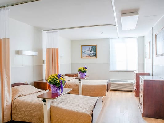 Bright, spacious shared room with beds and flowers