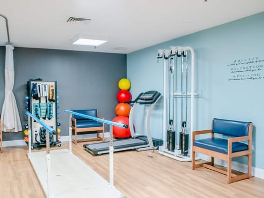 Physical therapy area with exercise equipment