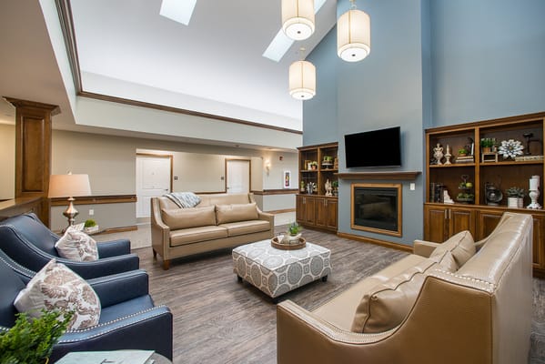 Bright common area with seating and decor