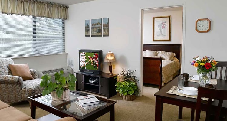 Cozy interior of a resident room with furniture