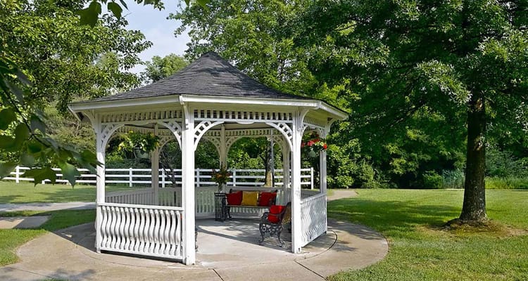 White gazebo surrounded by lush greenery