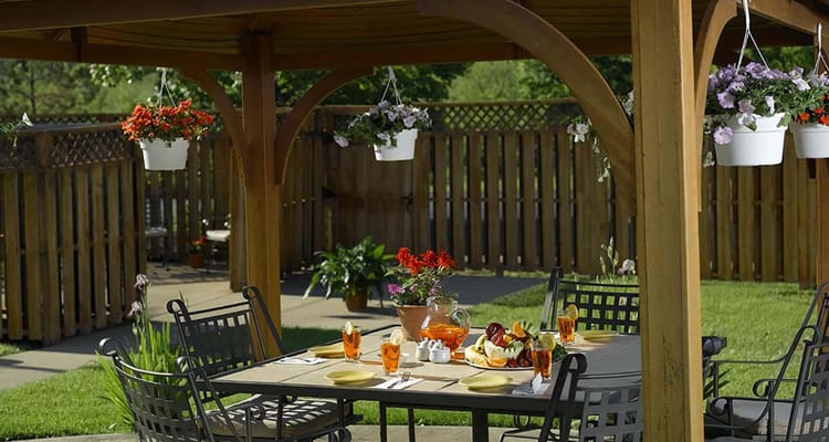 Outdoor dining area with decorative plants