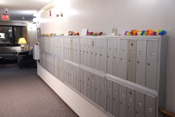 Indoor mailbox area with decorative flowers