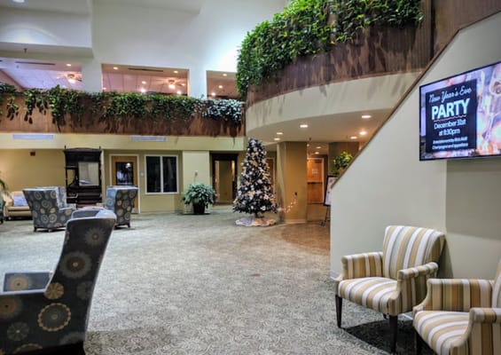 Interior view of a common area holiday party setup