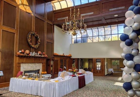 Interior view of a dining area setup for an event