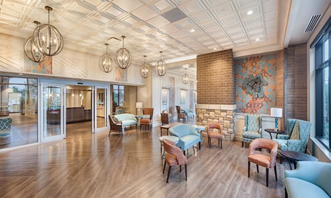 Bright lobby area with comfortable seating