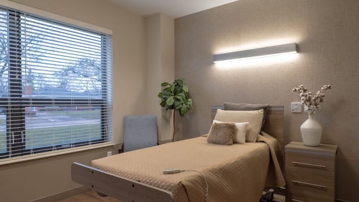 A cozy bedroom with a bed, chair, and decorative plant by the window.